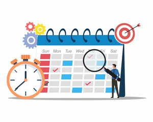 Calendar planning business schedule time management or deadline people with magnifier glass working plan on day calendar and checks dates