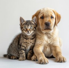 Obraz premium Labrador puppy and tabby cat, sitting together