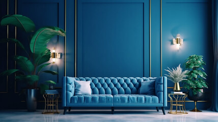 Modern interior of lounge and living room design and blue wall background, Generative AI.