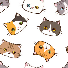 Seamless Pattern of Hand Drawn Cartoon Cat Face Design on White Background