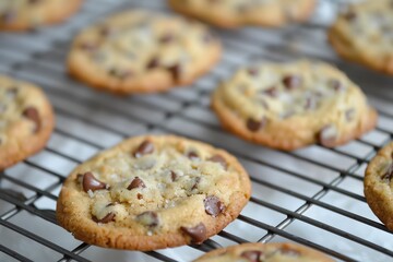 Freshly baked chocolate chip cookies cooling on a wire rack.