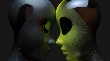 Two abstract human faces rendered in the style of dark gray and yellow, with deep shadows and light reflections, look at each other