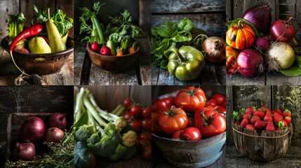 A montage of 8 images depicting vegetables and fruits in rustic kitchen settings.