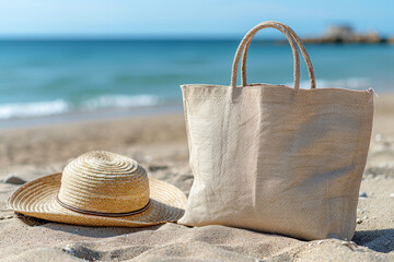 Straw Hat and Tote Bag on Beach with Clear Sky