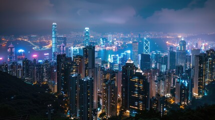 Fototapeta premium A panoramic view of a bustling city skyline at night, with lights twinkling.