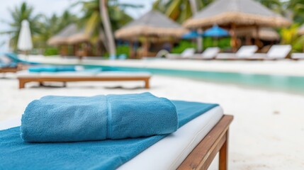 Obraz premium Three rolled white towels lie on a wooden beach lounger in front of a white canopy, with a view of the ocean and a sandy beach