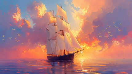 Obraz premium Sailing Ship at Sunset with Beautiful Cloudy Sky, Birds Flying in Front in an Impressive Dreaming Oil Painting