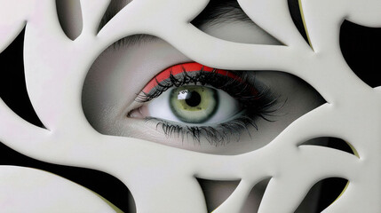 Abstract illustration a white and red eye with the shape of multiple petals made in the style of plastic, inside it is an iris with a green color and  black eyelashes