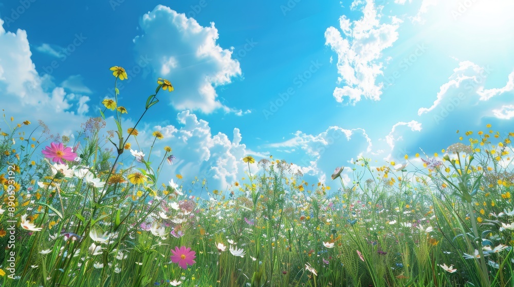 Wall mural a serene meadow with wildflowers under a bright blue sky.