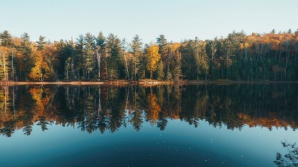 A serene lake reflecting a forested shoreline under a clear sky, perfect for a nature background.