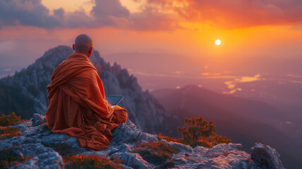 Fototapeta premium a monk working on a laptop looking out over the mountains at sunrise,generative ai