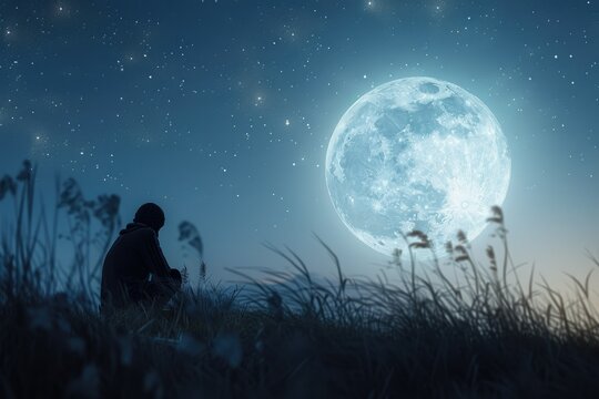 An introvert stargazing or sitting quietly under a full moon, surrounded by the stillness of the night
