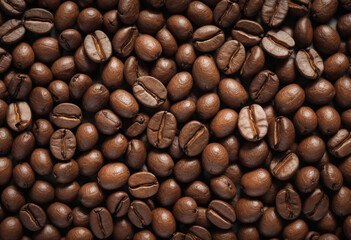  Macro shot of coffee beans with a roasted, textured surface. 