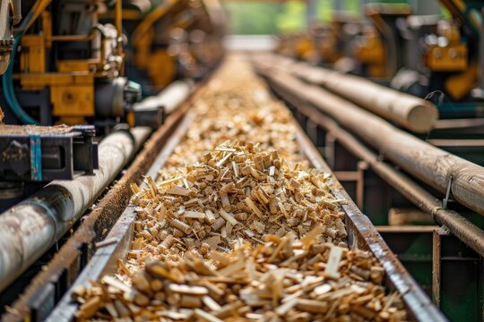 Machines converting logs into wood chips, an essential step in the production of particleboard and other wood products
