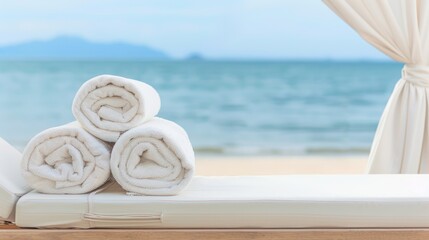Three rolled white towels lie on a wooden beach lounger in front of a white canopy, with a view of the ocean and a sandy beach