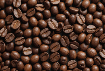 Fototapeta premium Macro shot of coffee beans with a roasted, textured surface. 