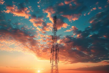 Antenna tower as phone base station with radio waves bright sky background