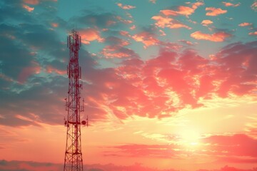 Antenna tower as phone base station with radio waves bright sky background