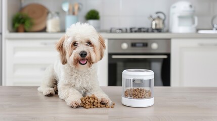 A happy dog sits next to an automated pet feeder that is dispensing food in a modern kitchen setting.