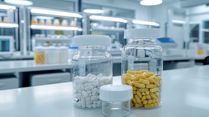 Realistic photo depicting various vitamin supplement bottles in a scientific laboratory setting.