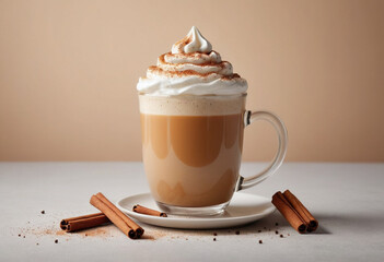  Steaming mug of pumpkin spice latte with whipped cream and cinnamon sprinkle. 