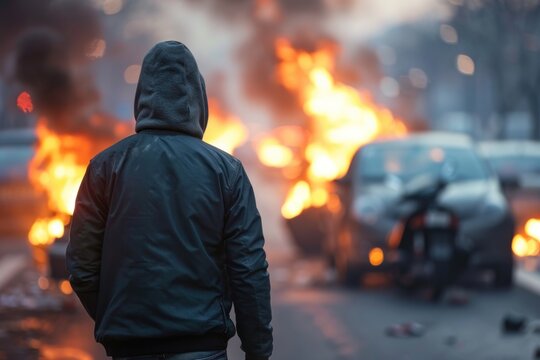 Protesters riot people. Back view Aggressive man without face in hood against backdrop of protests and burning car