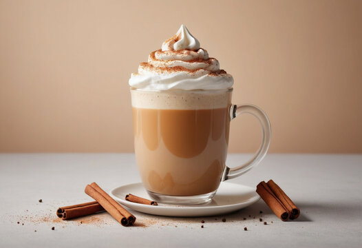  Steaming mug of pumpkin spice latte with whipped cream and cinnamon sprinkle. 
