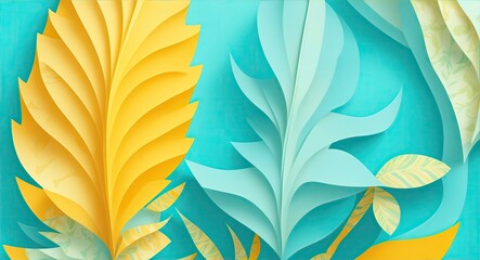 Abstract Papercut Yellow and Blue Leaves.