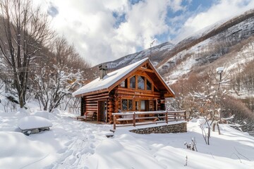 Cozy cabin in wild nature. Landscape covered with snow