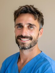 Obraz premium Smiling male healthcare specialist in blue medical scrubs providing therapy services for patient recovery