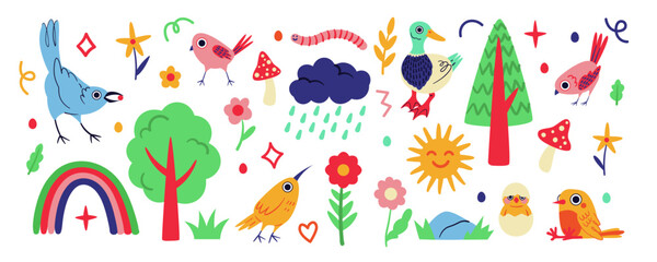 Cloud doodle. Naive pattern. Childish bird. Abstract flower. Summer nature. Rainy sky with sun rainbow. Spring tree leaves. Cute earthworm. Cartoon animal. Kids elements set. Vector art background