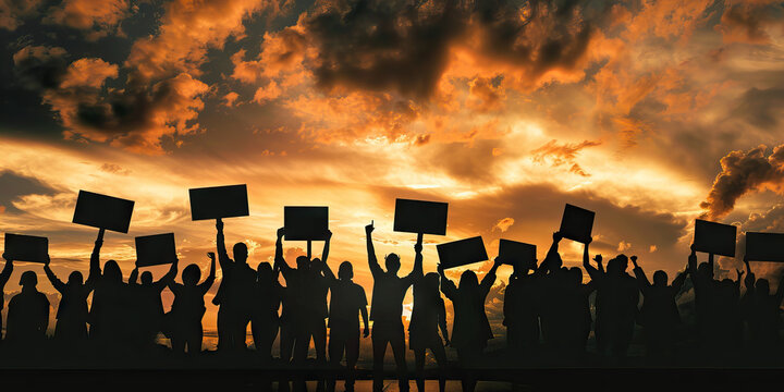 The Unheard Voices of Discontent: A crowd of silhouetted protestors holding up placards against a stormy sky