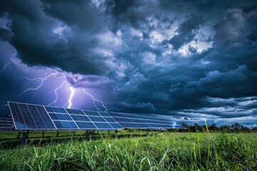 Solar Panels in Field Under Stormy Sky with Lightning. Concept of the impact of natural disasters on modern energy