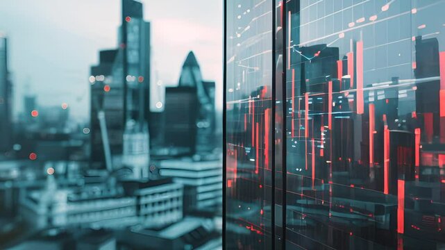 City skyline with a stock chart overlay. Concept: finance and urban development. Soft, diffused lighting.