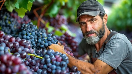 A worker carefully picks bunches of ripe purple grapes, at the height of harvest season in the vineyard