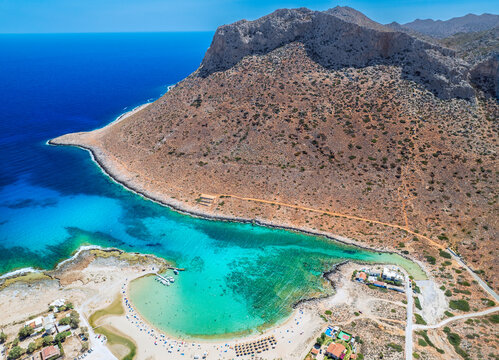 Aerial image of Stavros beach, Crete Island, Greece, Stavros beach is near Chania city. Stavros Beach was where the Zorba the Greek dance was filmed.