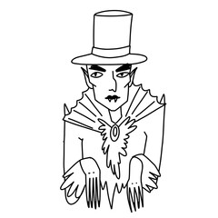 Vampire character. Halloween Vampire in festive outfit in doodle outline line art style. Vector illustration