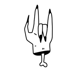 Funny zombie hand with bone showing I Love You gesture in doodle outline line art style. Vector illustration