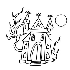 Halloween haunted house. Scary Mansion, vector illustration in in doodle outline line art style