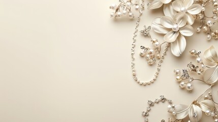 Fototapeta premium A close-up overhead view of pearl jewelry, delicate flowers, and leaves arranged on a cream-colored surface