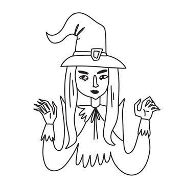 recommend clip art: Witch character. Halloween witch in festive outfit in doodle outline line art style. Vector illustration