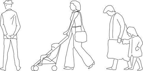 Vector silhouette illustration sketch, detailed design drawing of simple casual people carrying out work activities in formal clothes
