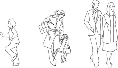 Vector silhouette illustration sketch, detailed design drawing of simple casual people carrying out work activities in formal clothes