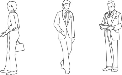 Vector silhouette illustration sketch, detailed design drawing of simple casual people carrying out work activities in formal clothes