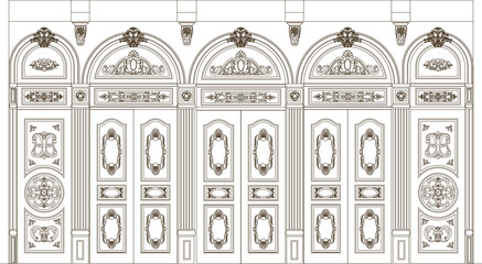 Vector silhouette illustration sketch, detailed drawing of wardrobe furniture design, room partition in the shape of an old classic vintage ethnic traditional door