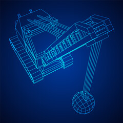 Wrecking ball excavator, demolition crane machine. Wireframe low poly mesh vector illustration