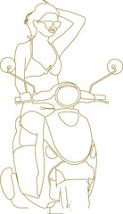 Vector silhouette illustration sketch of a detailed design of a scooter driver wearing a helmet riding a simple motorbike