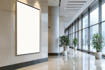 Empty advertising billboard frame on wall in office lobby copy space for mock up design template