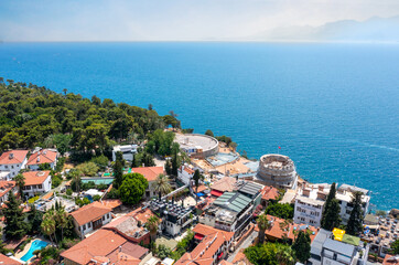 Hıdırlık tower and Karaalioğlu park. Antalya is a popular tourist destination in Turkey and a district on the Mediterranean coast. Aerial shooting