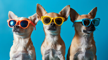 Fototapeta premium Cute little funny dogs wearing colorful sunglasses on blue background